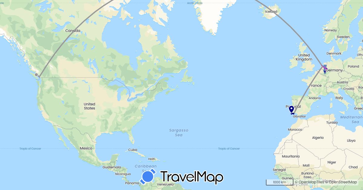 TravelMap itinerary: driving, plane, cycling, train in Belgium, Canada, Germany, Netherlands, Portugal (Europe, North America)