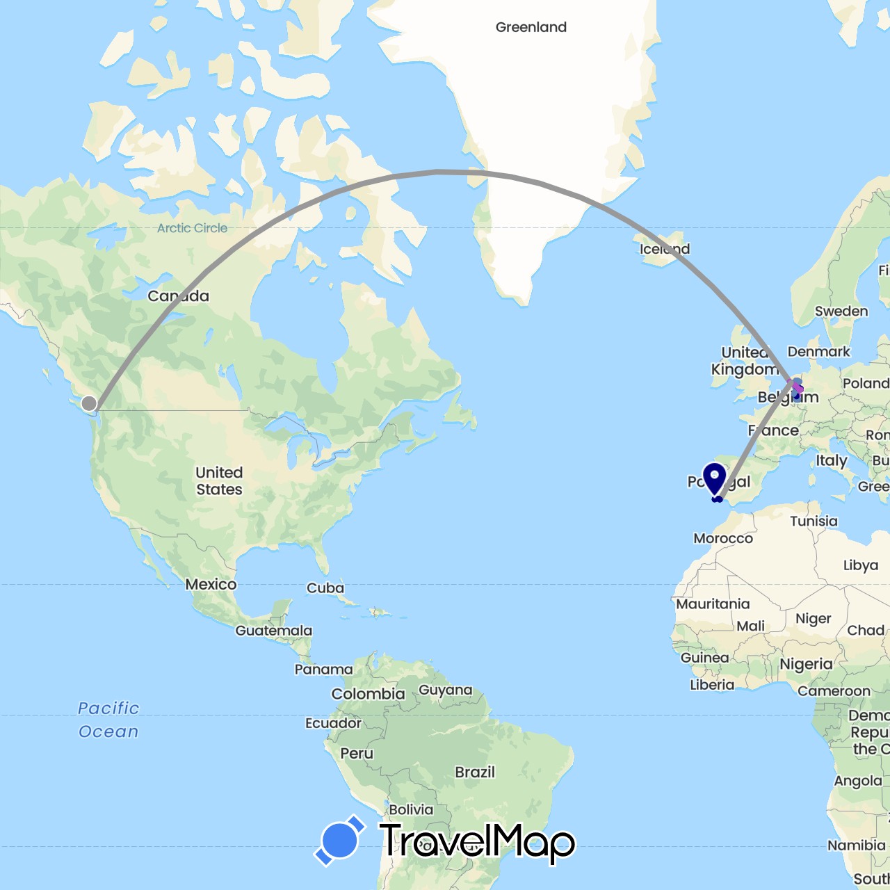 TravelMap itinerary: driving, plane, cycling, train in Belgium, Canada, Germany, Netherlands, Portugal (Europe, North America)