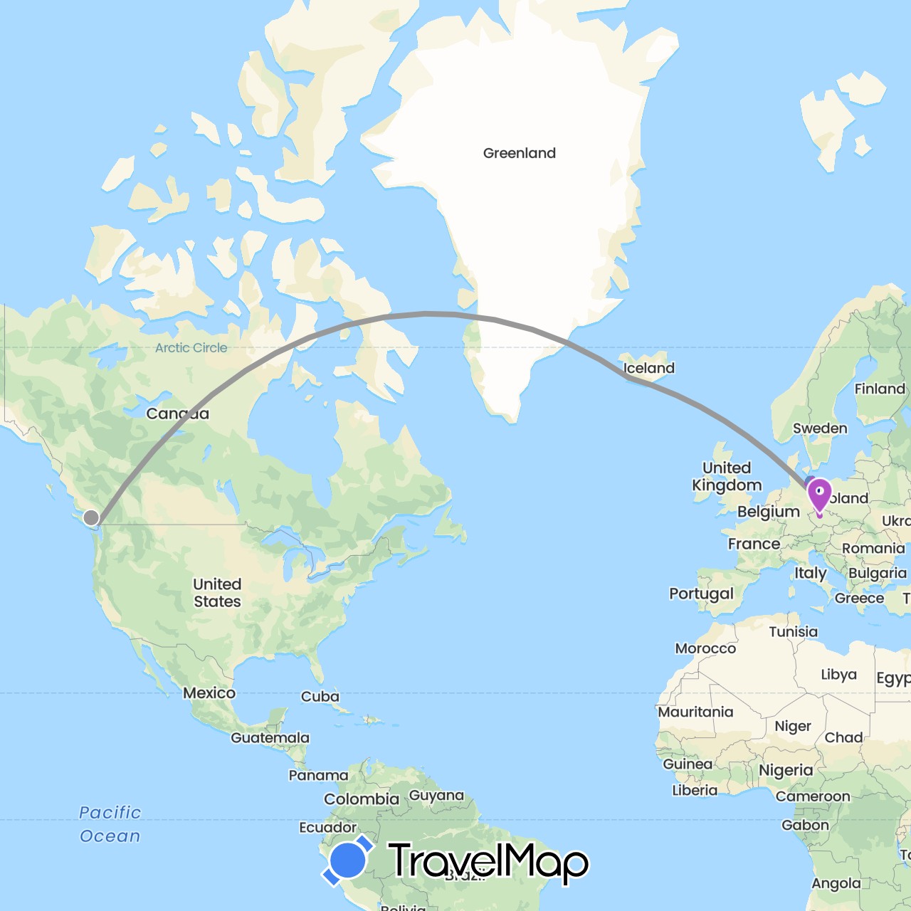 TravelMap itinerary: driving, plane, cycling, train in Canada, Czech Republic, Germany, Iceland (Europe, North America)