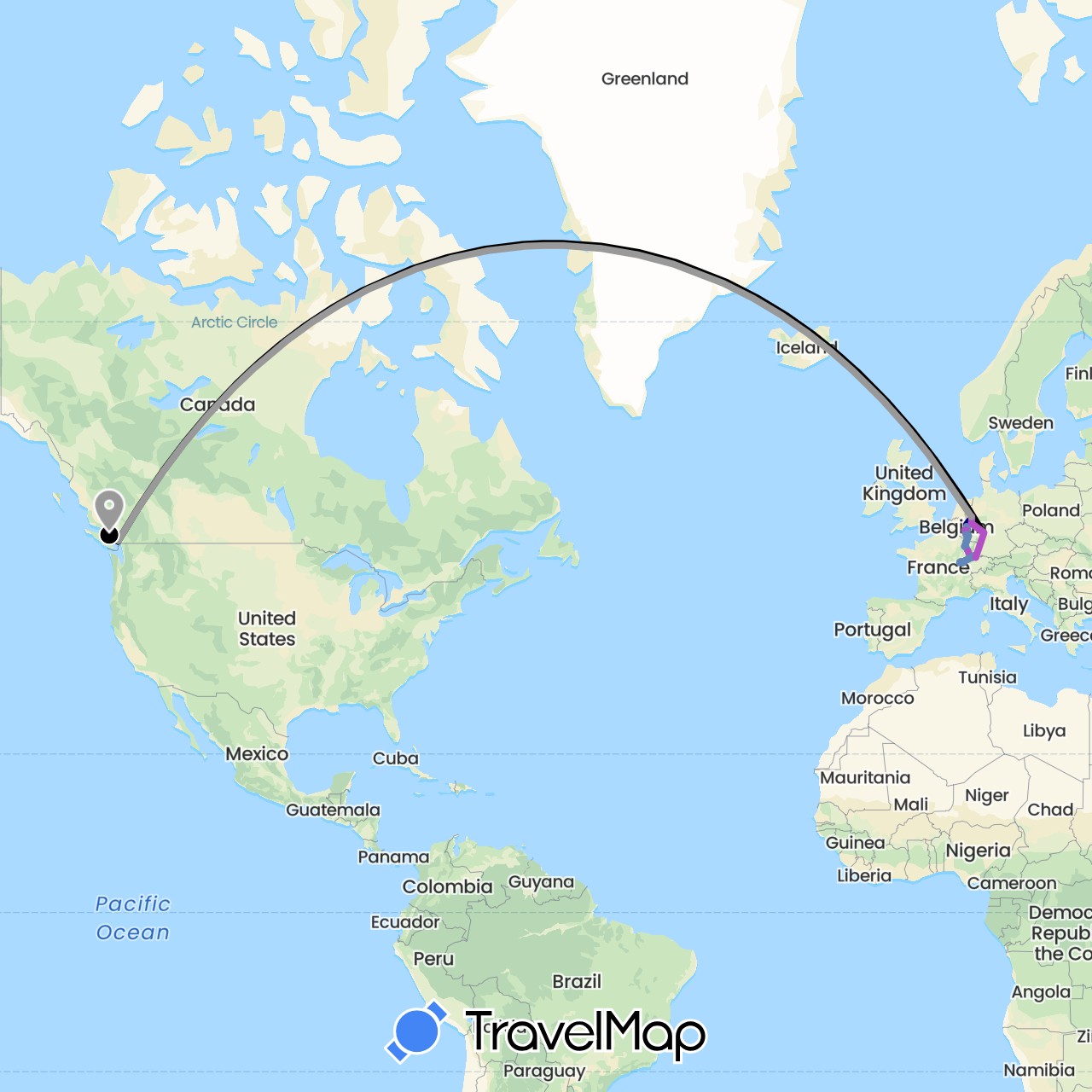 TravelMap itinerary: driving, plane, cycling, train, fly in Belgium, Canada, Switzerland, Germany, France, Luxembourg (Europe, North America)