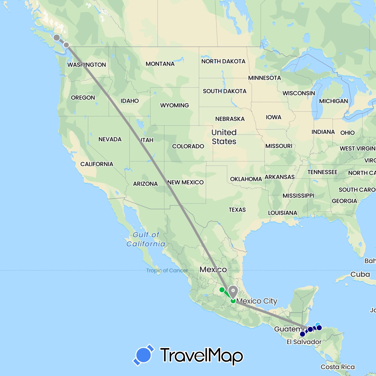 TravelMap itinerary: driving, bus, plane, boat in Canada, Honduras, Mexico (North America)